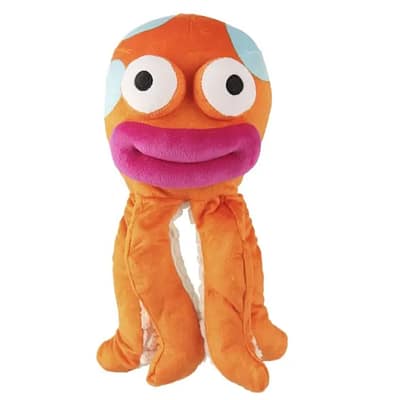 Orange Octopus plush dog toy with exaggerated pink lips and bug eyes