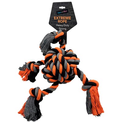 Black, Orange and Grey Rope Ball Dog Toy with four rope tassels