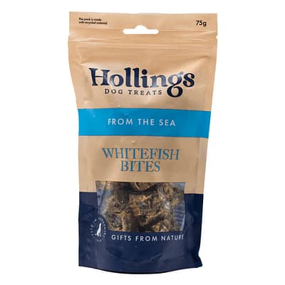 75g bag of Hollings whitefish cube dog treats