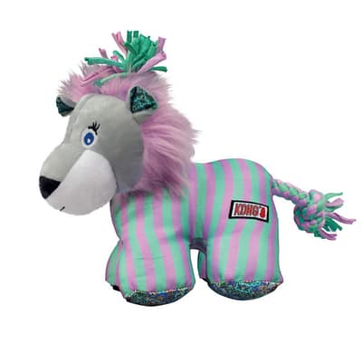 KONG small lion dog toy with blue and pink stripes and pink mane
