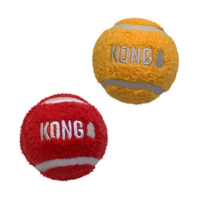 Pair of Large Tennis ball Dog Toys in orange and red with KONG logo on