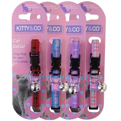 Set of 4 Tartan cat collars in red, blue, purple and pink, with bell
