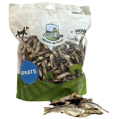 A clear, high-angle shot of a large, resealable bag of Paddock Farm Natural Dog Treats sprats. The bag is transparent in the middle, showing hundreds of small, dried silver fish (sprats). In the foreground, a small handful of the dried sprats are scattered on a white surface to show their texture and size. The packaging features a green field and farmhouse illustration, with a blue circle prominently labelled "SPRATS.