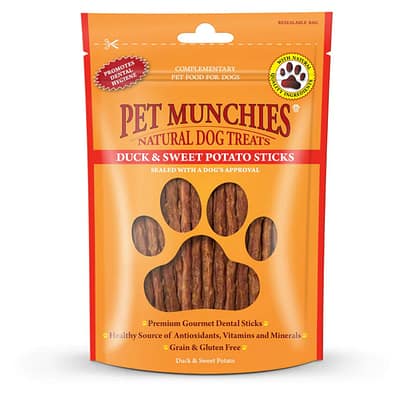 Orange Pack of Pet Munchies Duck & Sweet Potato Stick Dog Treats