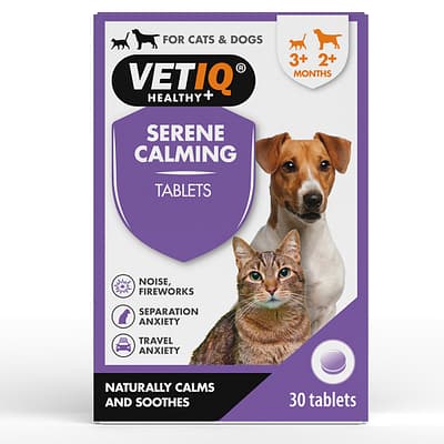 Pack of 30 pet calming tablets with dog and cat on front