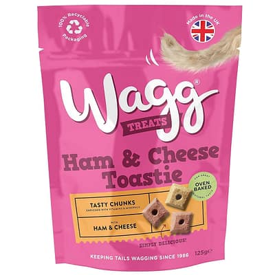 Pink pack of Wagg dog treats ham and cheese toastie flavour