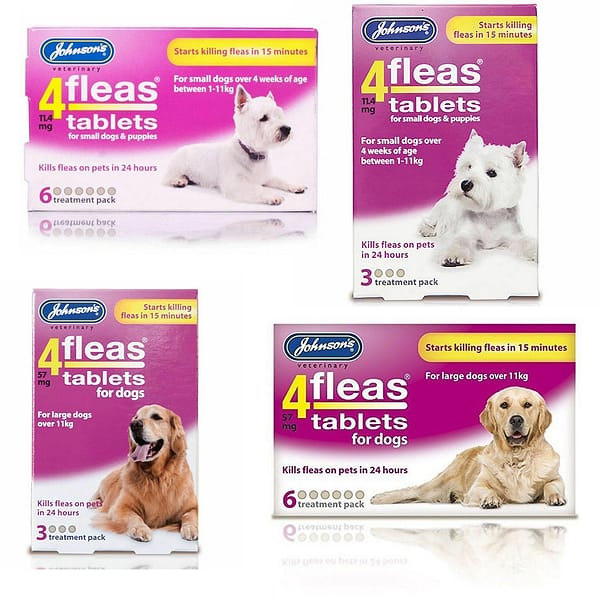 Set of 4Fleas Dog Flea Tablets showing all for packets of 3 and 6 pack for large and small dogs
