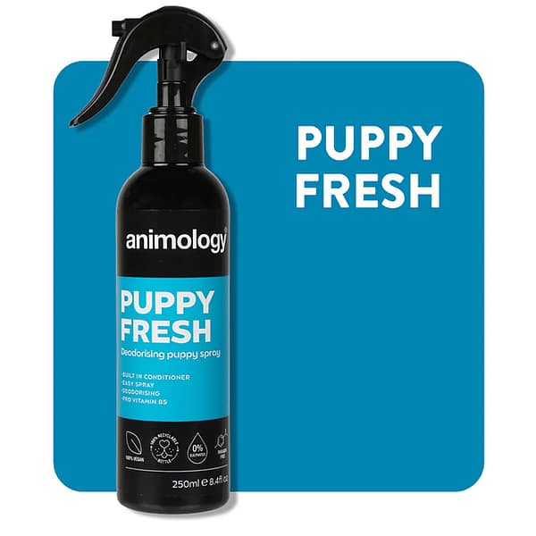 Bottle of Animology Puppy Deodorising spray on a blue background tile
