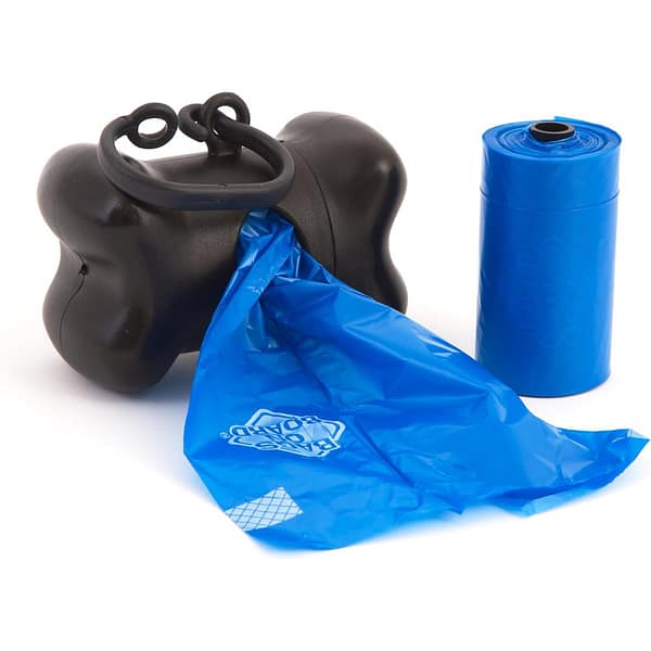 Bags On Board Bone Dispenser Black Open 1000 Black Bone shaped poo bag dispenser with blue bag coming out of the aperture