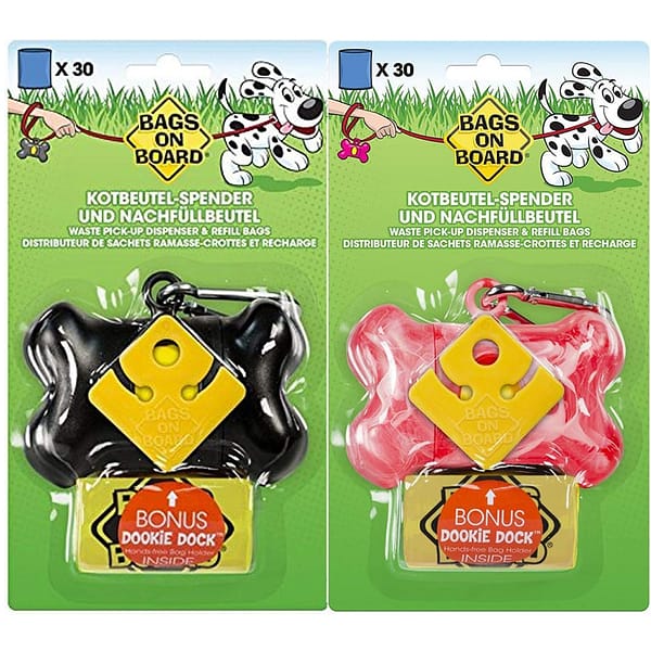 Two packs on bone shaped poo bag dispensers in their packaging. One black one pink