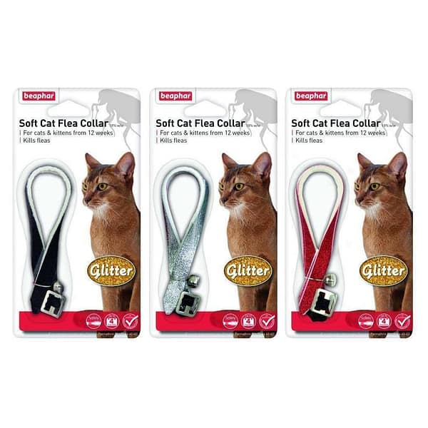 Beaphar Soft Cat Flea Collar Glitter Set 1024 Set of 3 Blister packs of Black, silver and red glitter Cat Flea collar with a picture of a cat on each