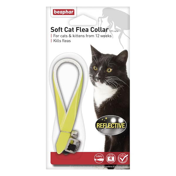 Blister pack of reflective yellow Cat Flea collar with a picture of a cat