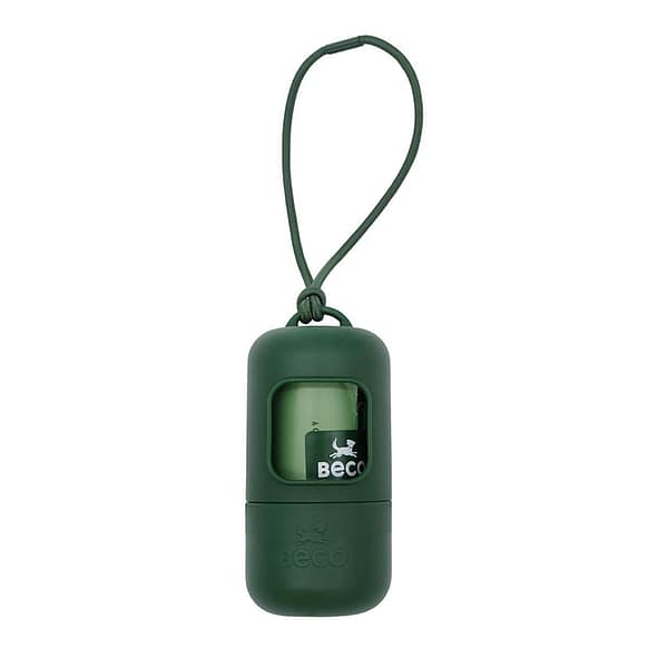 Green Dog Poo Bag dispenser on a short lanyard with a roll of poo bags inside