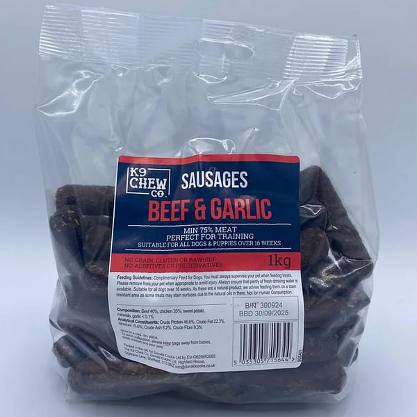 1kg bag of small beef & garlic sausage dog treats