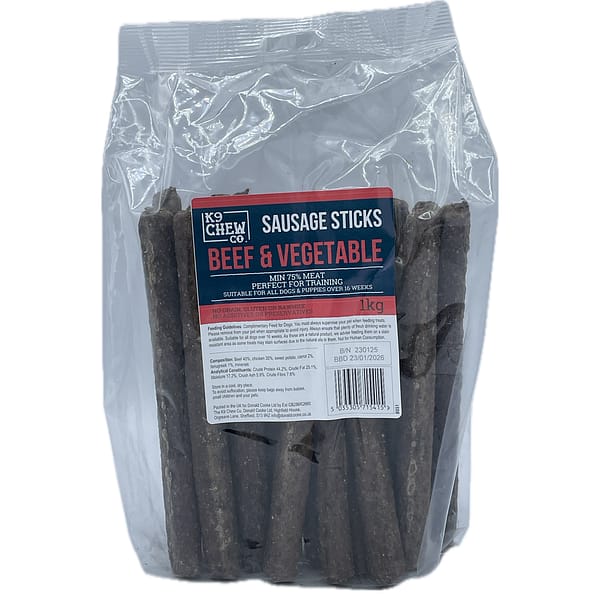 1kg Bag of Beef & Vegetable 20cm Sausage Sticks Dog Treats