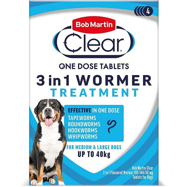 Bob Martin 3in1 Wormer 40kg New Packet of Dog Worming Tablets with a large breed dog on front