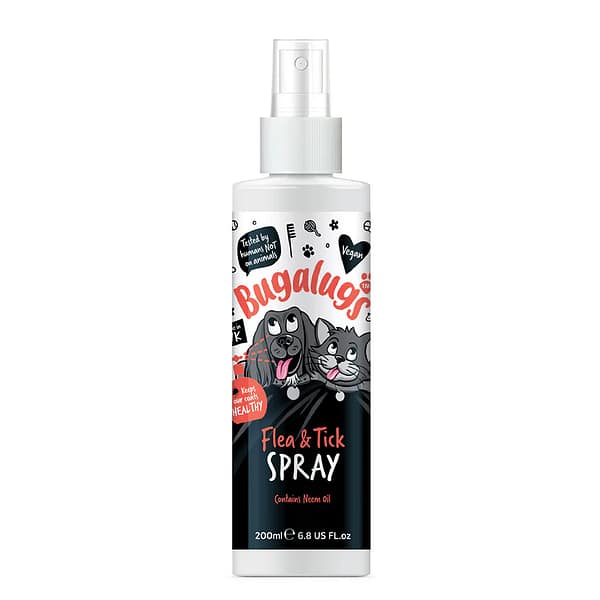 Bottle of Bugalugs Flea and Tick Spray with cute cartoon cat and dog on the front