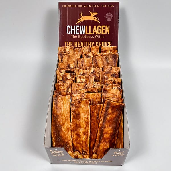 Chewllagen Beef Chips Box 1000 Open display box of 50 collagen dog treats