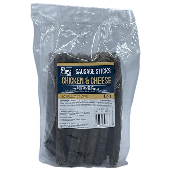 1kg Bag of Chicken & Cheese 20cm Sausage Sticks Dog Treats