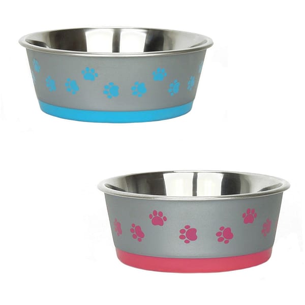 Set of 2 stainless steel dog bowls with pink and blue pawprints