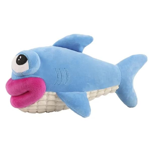 Blue Shark plush dog toy with exaggerated big pink lips and bug eyes