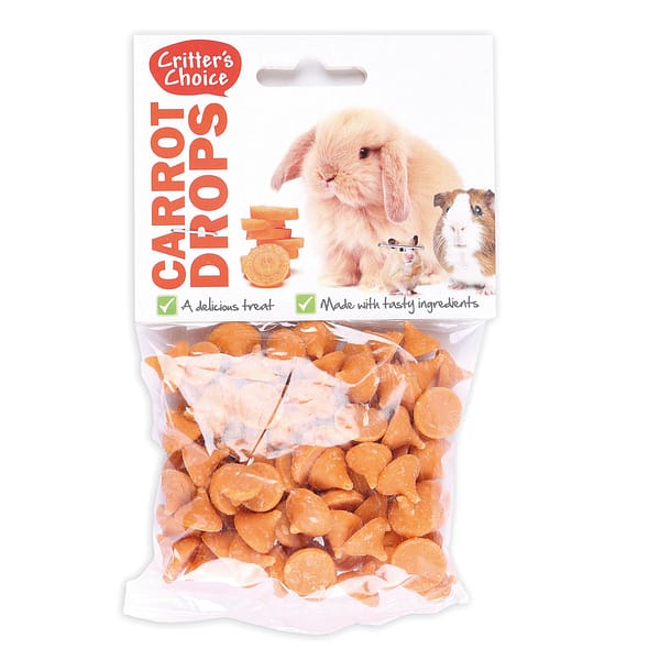 Critters Choice Carrot Drops2 1000 Bag of carrot drops small animal treats with rabbit, hamster and guinea pig on