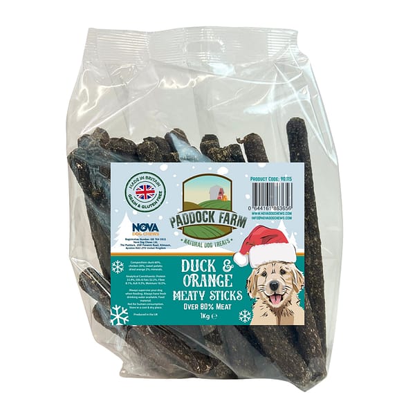 1kg pack of Duck & Orange meaty stick/sausages dog treats featuring a smiling cartoon labrador on the front wearing a santa hat
