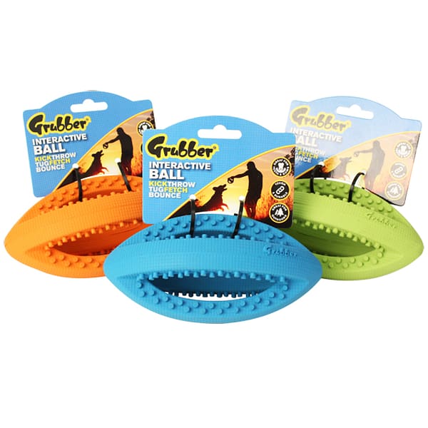 set of 3 rugby ball shaped dog toys in orange, blue and green