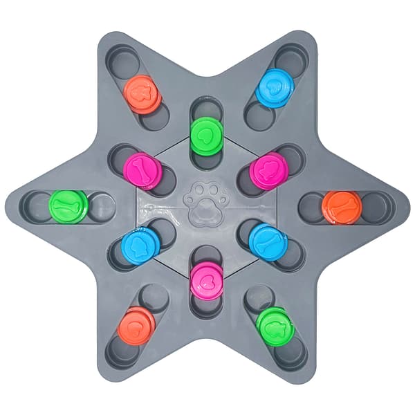 6 Point Star shaped interactive dog toy with ,multi coloured sliders