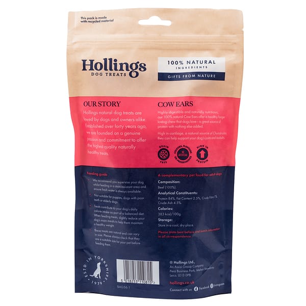 Hollings Cow Ears 3pk Back 1024 Back of Packet of 3pk Cows Ears natural Dog treat