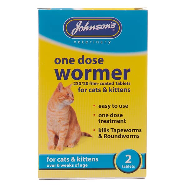 Johnson's One Dose Wormer tablets for Cats & Kittens. Yellow and Blue box with a ginger cat on the front