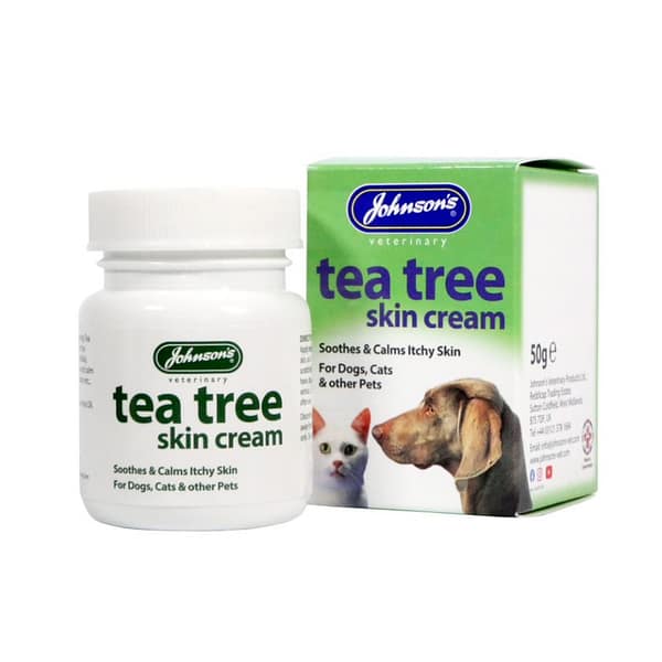 50g tub of Tea Tree cream next to its box with cat and dog on front