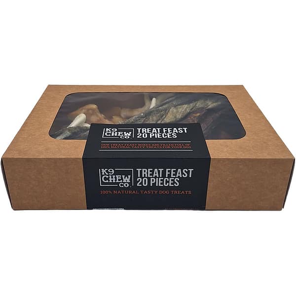 Brown box with see through lid, full of natural dog treats