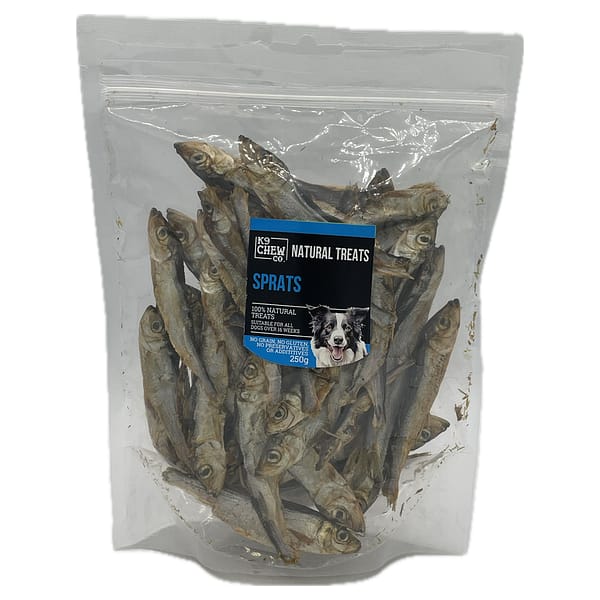 250g bag of dried sprats dog treats