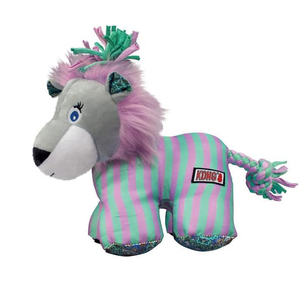 KONG small lion dog toy with blue and pink stripes and pink mane