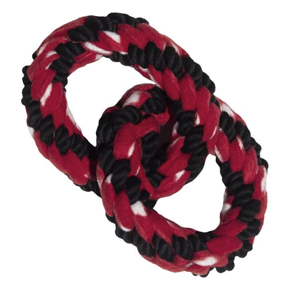 Black and red double ring rope dog tug toy