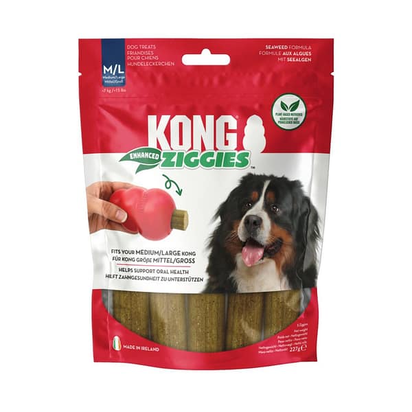 Pack of KONG dog snacks, red and white packet with a black, white and tab Collie on front with its tongue out