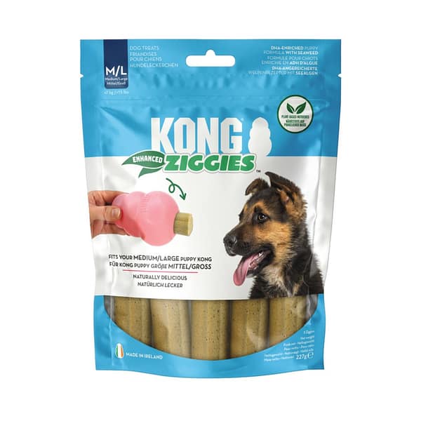 Blue and white pack of KONG dog snacks eith a cute German Shepherd puppy on the front with its tongue out