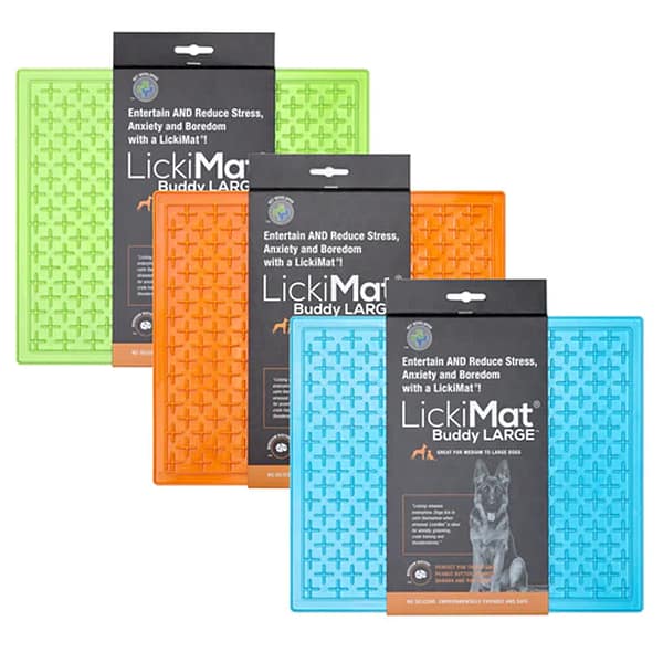 Set of Green, Orange and Turquoise Lickimat Buddy XL feeding mats