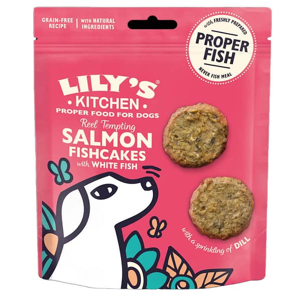 A pink product pouch for Lily's Kitchen "Reel Tempting Salmon Fishcakes with White Fish" grain-free dog treats. The bag features a stylized illustration of a white dog's head in the bottom left corner against a colorful floral background. To the right, two round, textured brown fishcake treats are shown. A circular white badge in the top right corner reads "Proper Fish" and "Never Fish Meal." The top of the pouch is pink with a black hang hole, and the text includes the brand name in a bold, white serif font.