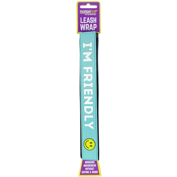 M90604 I'm Friendly Leash Wrap 1080px Turquoise Dog Leash Wrap with "I'm Friendly" printed in white, and a smiling face emoji