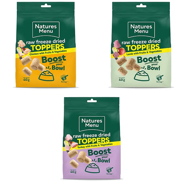 Set of 3 packs of Raw Freeze Dried Dog Food Toppers in Lamb,m Chicken and Turkey