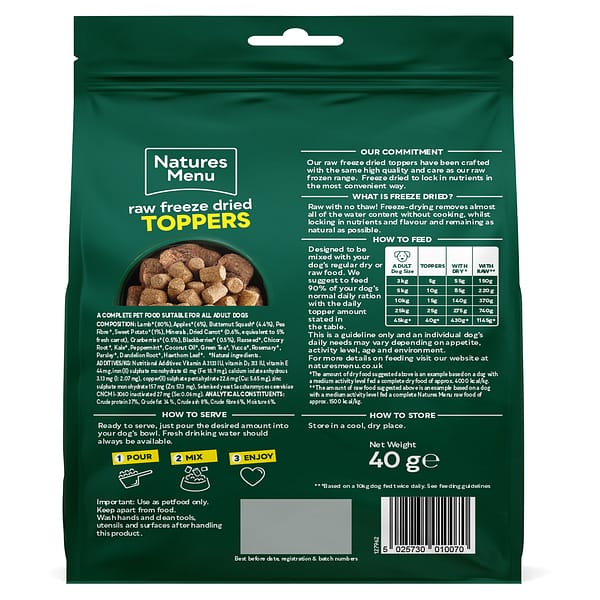 Natures Menu Raw Freeze Dried Toppers 40g Lamb BOP 1080px Natures Menu Raw Freeze Dried Toppers 40g Lamb BOP 1080px