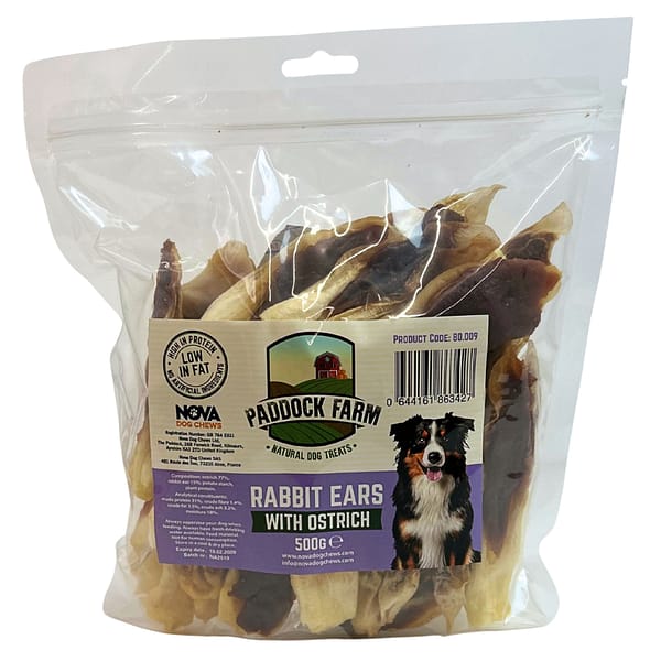Paddock Farm Rabbit Ears with Ostrich Pack 1080px Pack of Rabbit ears dog treats stuffed with ostrich meat