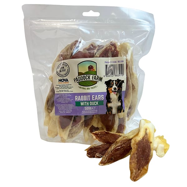 1kg Pack of Rabbit Ears dog treats filled with duck meat