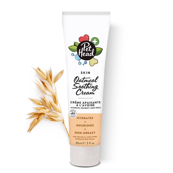 Tube of Oatmeal Soothing Cream for dogs with a tuft of wheat