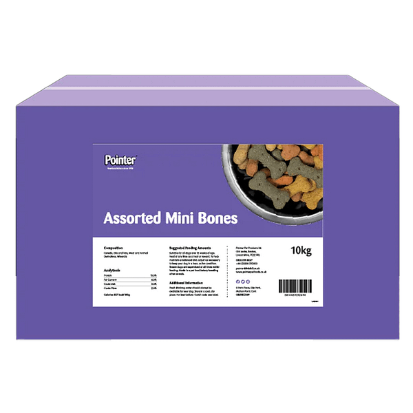 Purple box of Mini Bone Dog treats 10kg with picture of a bowl of the treats on the side