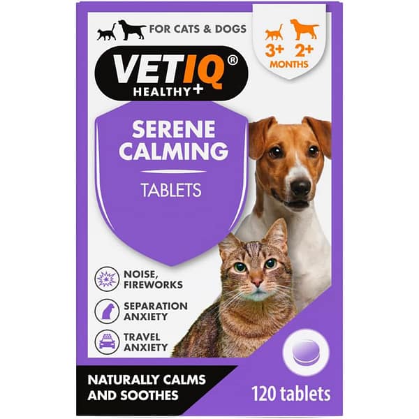 VetIQ Serene Calming 120s New2 1024 Pack of 120 pet calming tablets with a cat and dog on the front