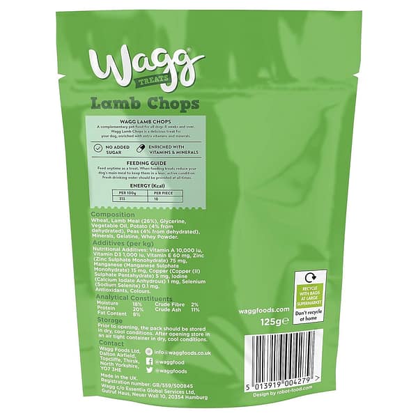 Wagg Lamb Chop Treats BOP 1080px Back of Green pack of Wagg Lamb Chop Dog treats