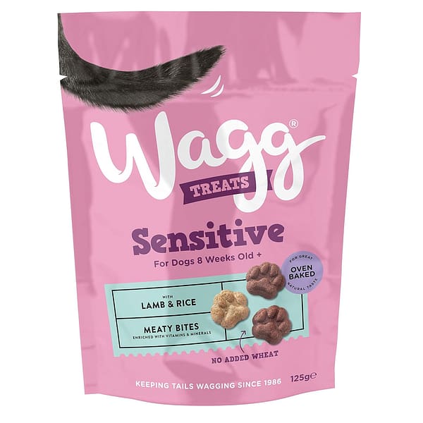 Pink pack of Wagg Sensitive Dog treats in Lamb & rice flavour